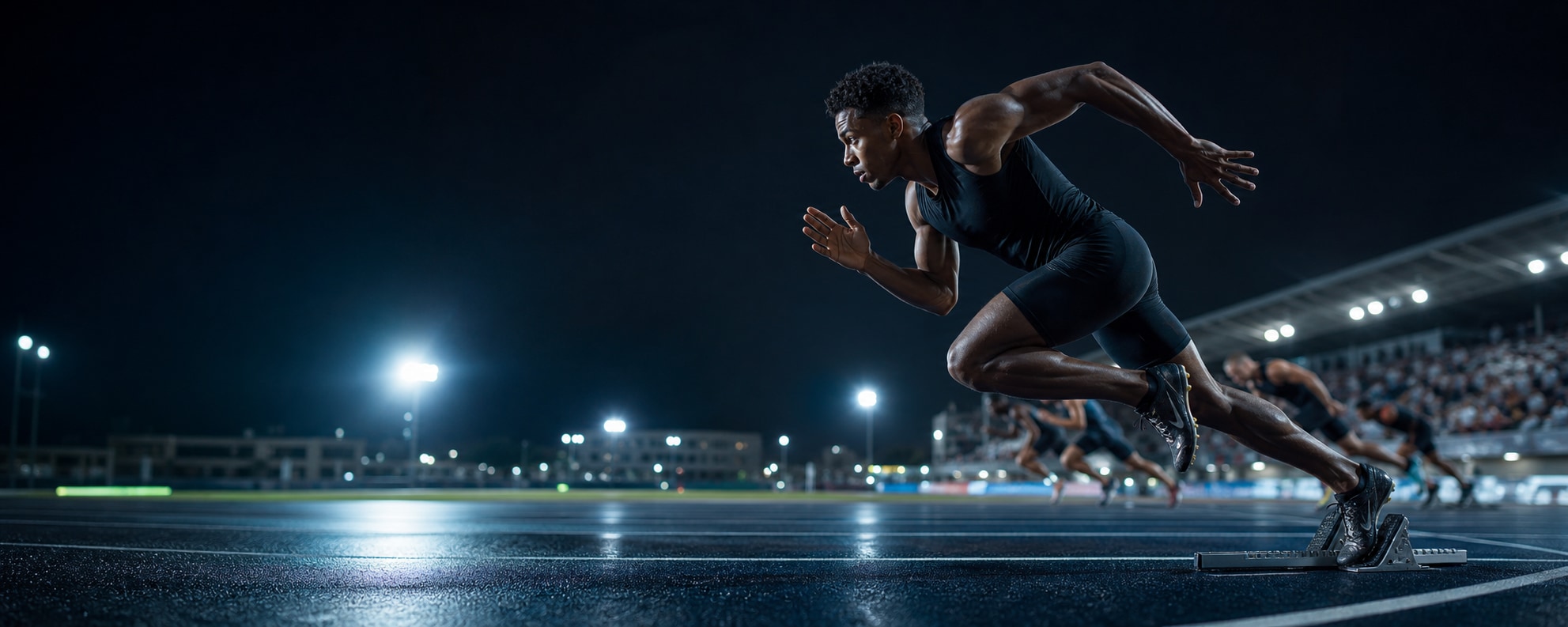 Sprinter accelerating out of the starting blocks at night