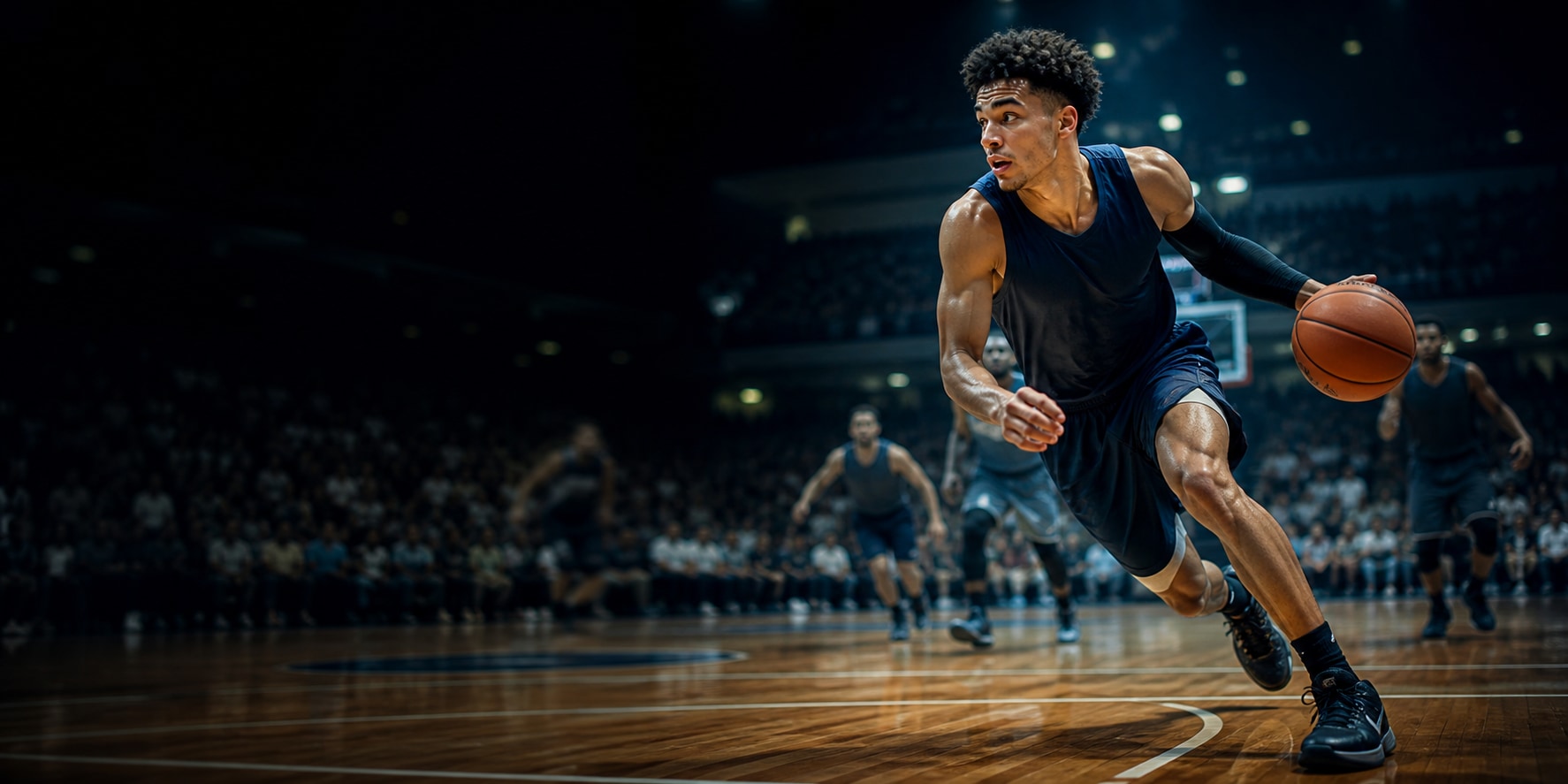 Basketball guard driving toward the basket in an indoor arena