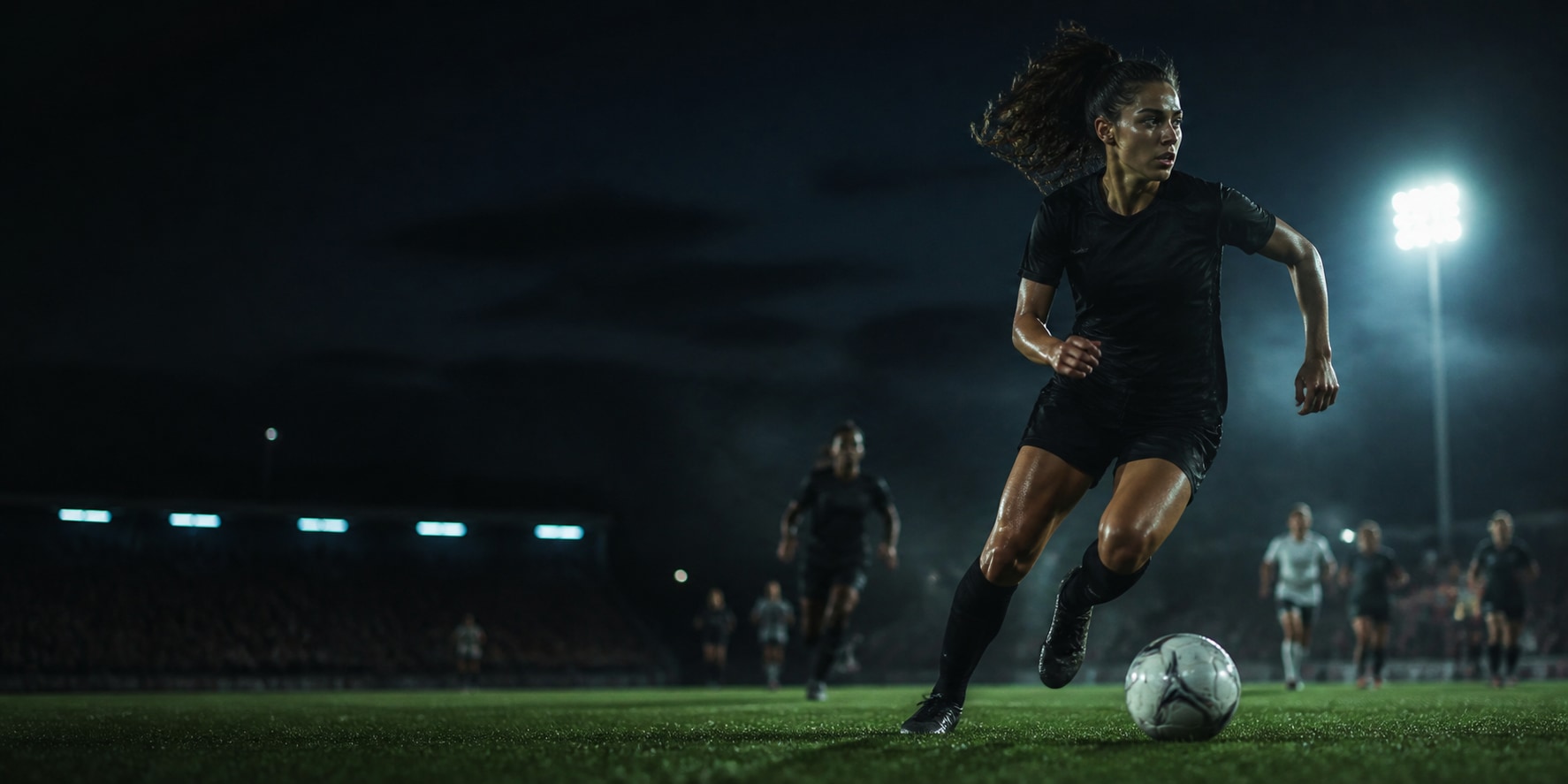 Footballer driving forward with the ball during a night match