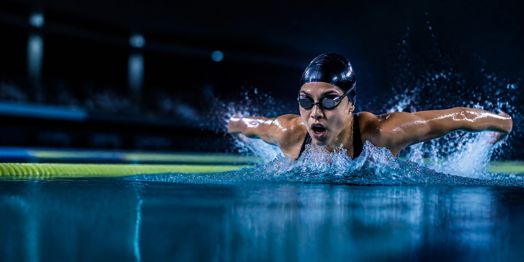 Competitive swimmer powering through a butterfly stroke
